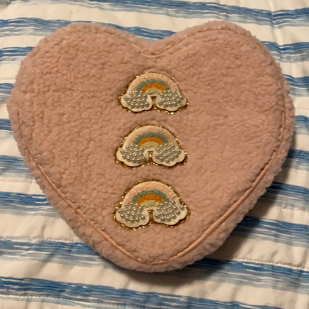 Stoney clover lane cozy Sherpa tan Heart pouch with three rainbow patches